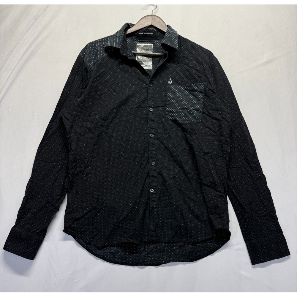 Volcom Tailored Shirt Mens Large Black White Subtle Polka Dot Collared Button Up